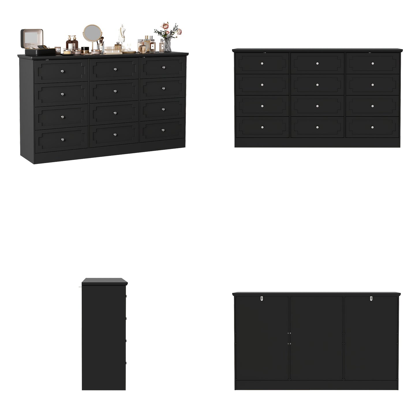 12-Drawer Double Dresser Storage Box, 61'' W Modern Wooden Chest Of Drawers with Handles, Deep Drawers, for Living Room, Bedroom, Hallway, Large Storage Space, Black