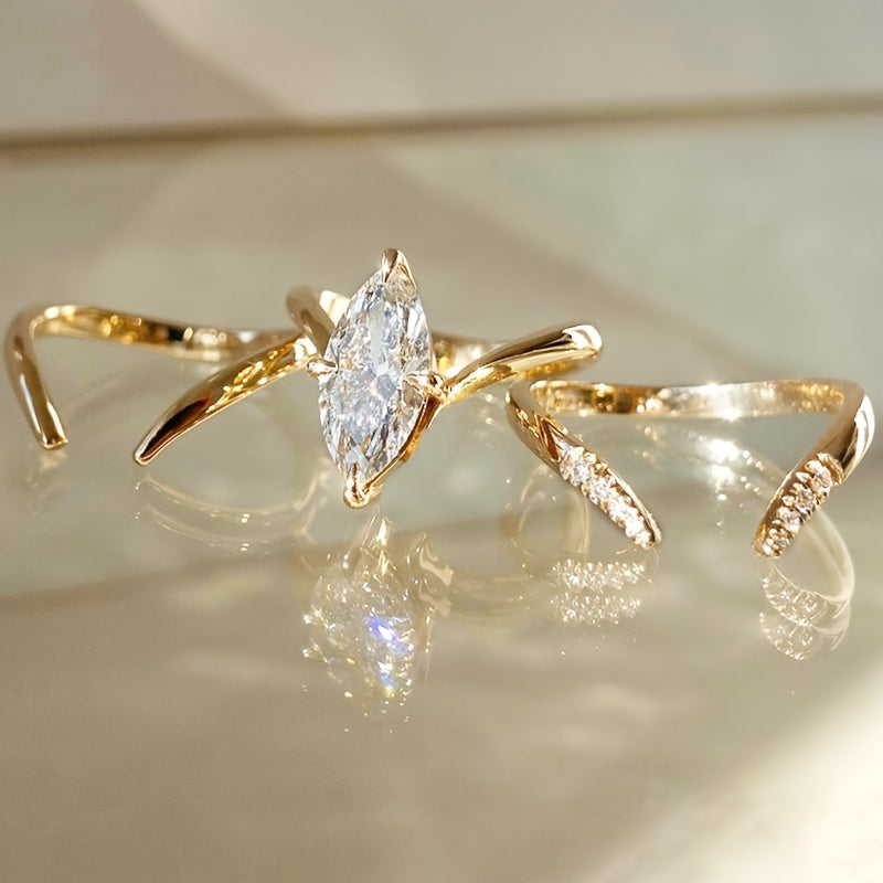 925 Silver 2ct Marquise-Cut Moissanite Stackable Ring, Women's Moissanite Jewelry, Silver Ring 3pcs EngaSynthetic Gemstoneent Set High-Quality Women's Wedding Band, for Daily Vacation Proposal A Gift Of Blessings for Loved On