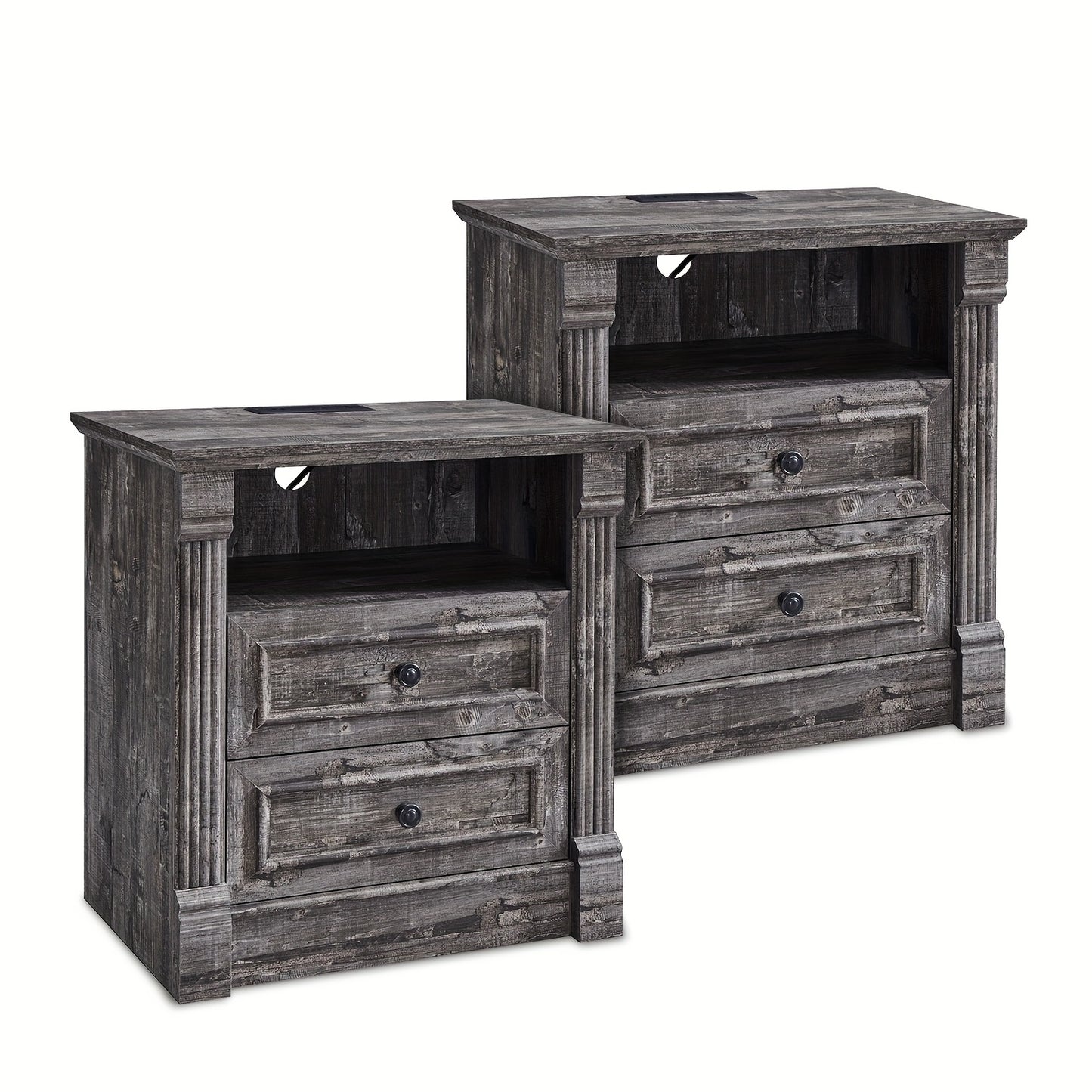 Set of Two 26-Inch Tall Farmhouse Nightstands Featuring Two Drawers And a Charging Station, a Large 23.6-Inch Wide Side Table with a Roman Column Design, a Rustic Wooden Sofa Table with an Open Shelf, And a Bedside Table Suit