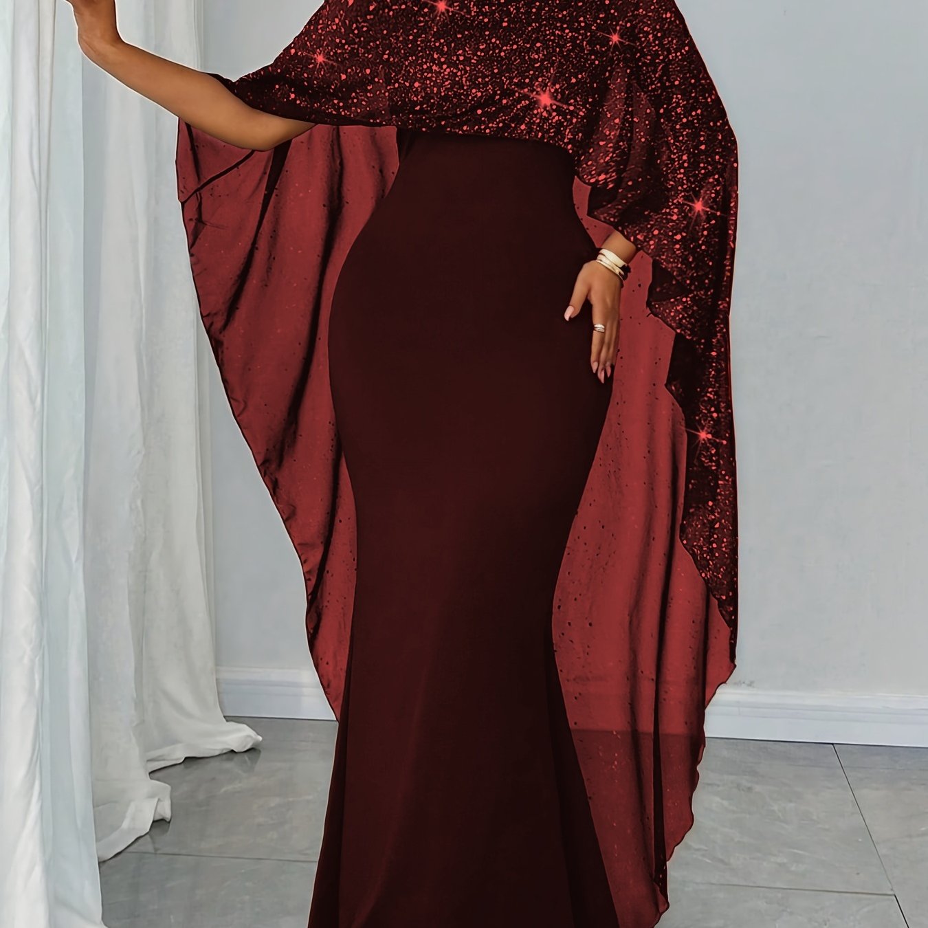 Plus Size - Plus Size - Women'S Elegant Dress with Star-Speckled Cape Sleeves - Stretchy Summer Party & Formal Attire, Plus Size Fitted Top & Flowy Skirt, Machine Washable, Elegant Outfit | Flowy Skirt Gown | Sleek Black Dres