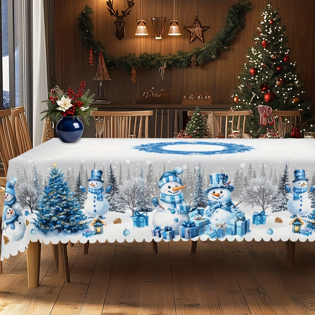 1pc Merry Christmas Themed Printed Tablecloth, Farmhouse Style, Snowman, Christmas Tree Pattern Design, Christmas, New Year Gatherings, Parties Decor, Kitchen Accessories, Room&Outdoor Decor, Gift to Friends, Rectangular&Roun