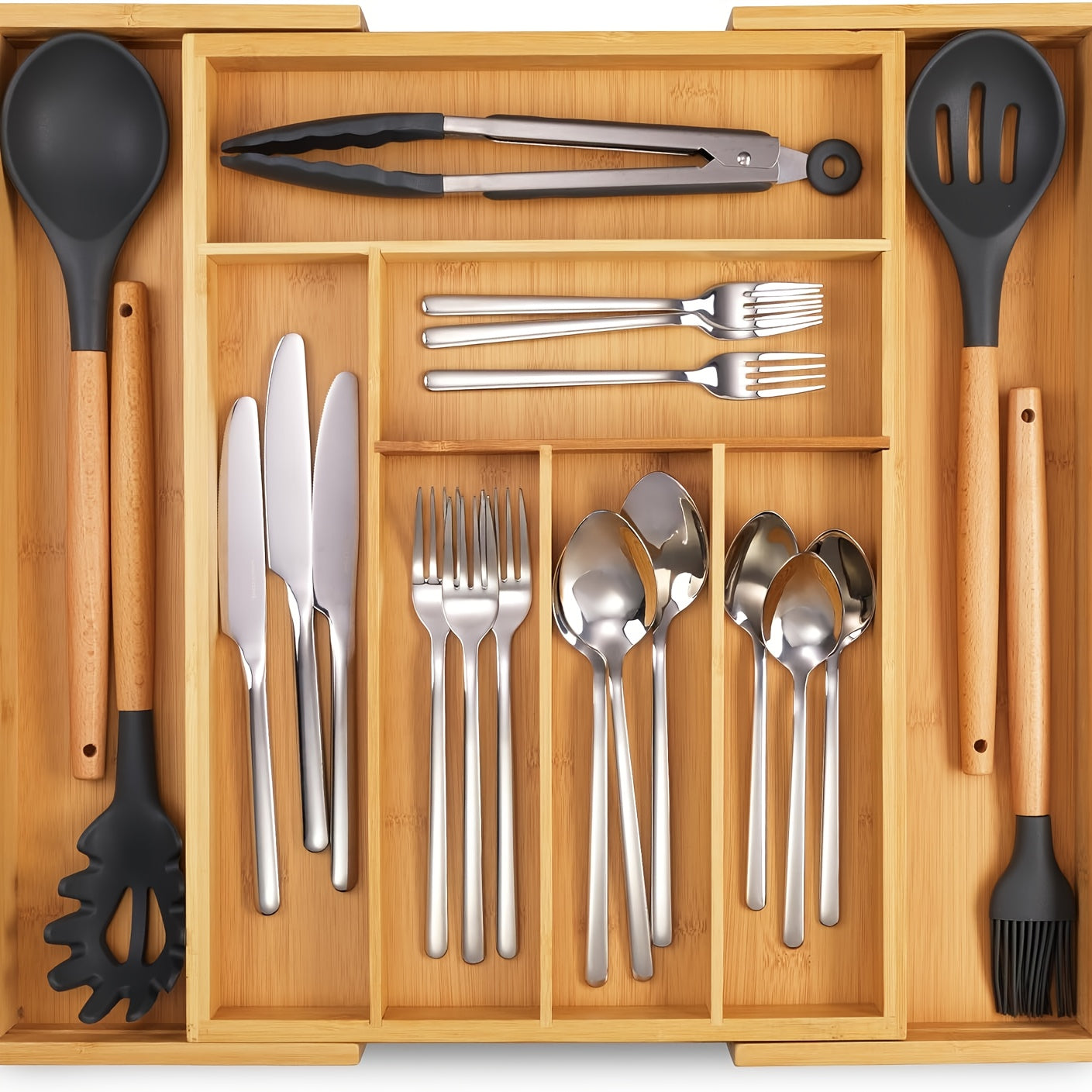 No-Slip Silverware Tray Organizer with 9-Section Deep Drawer Storage - Durable Plastic Kitchen Utensil & Cutlery Holder, Space-Saving Design for Entire Drawer, Easy Insert Installation, White & Gray, Kitchen Drawer Organizer,