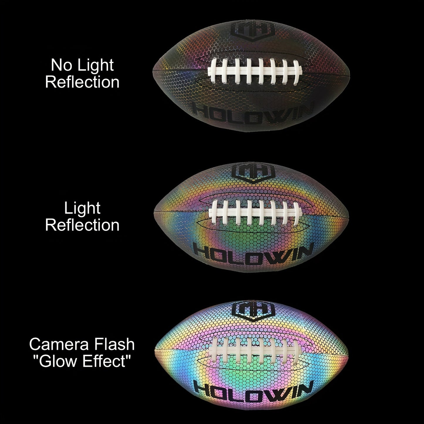 1 Reflective Holographic Football - Glows in the Dark, PU Material, Black with Colorful Iridescent Finish & "HW" Logo - Ideal for Night Games, Halloween, Youngsters' Night, Christmas, Thanksgiving & New Year Gifts