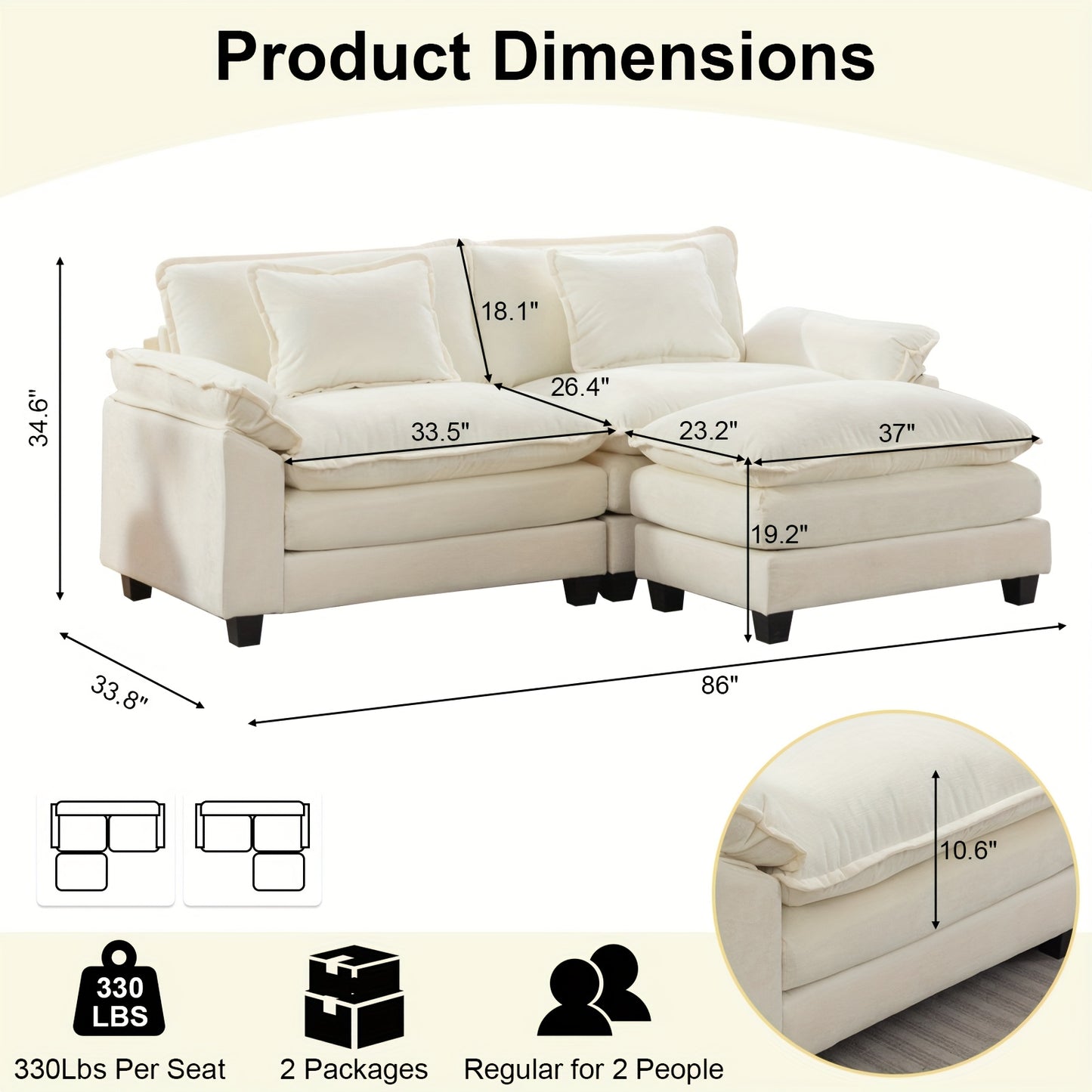 86'' Sectional Sofa, Modular Loveseat Sofa with Ottoman, Chenille Cloud Couch, Upholstered Deep Seat Sofa for Living Room, Apartment