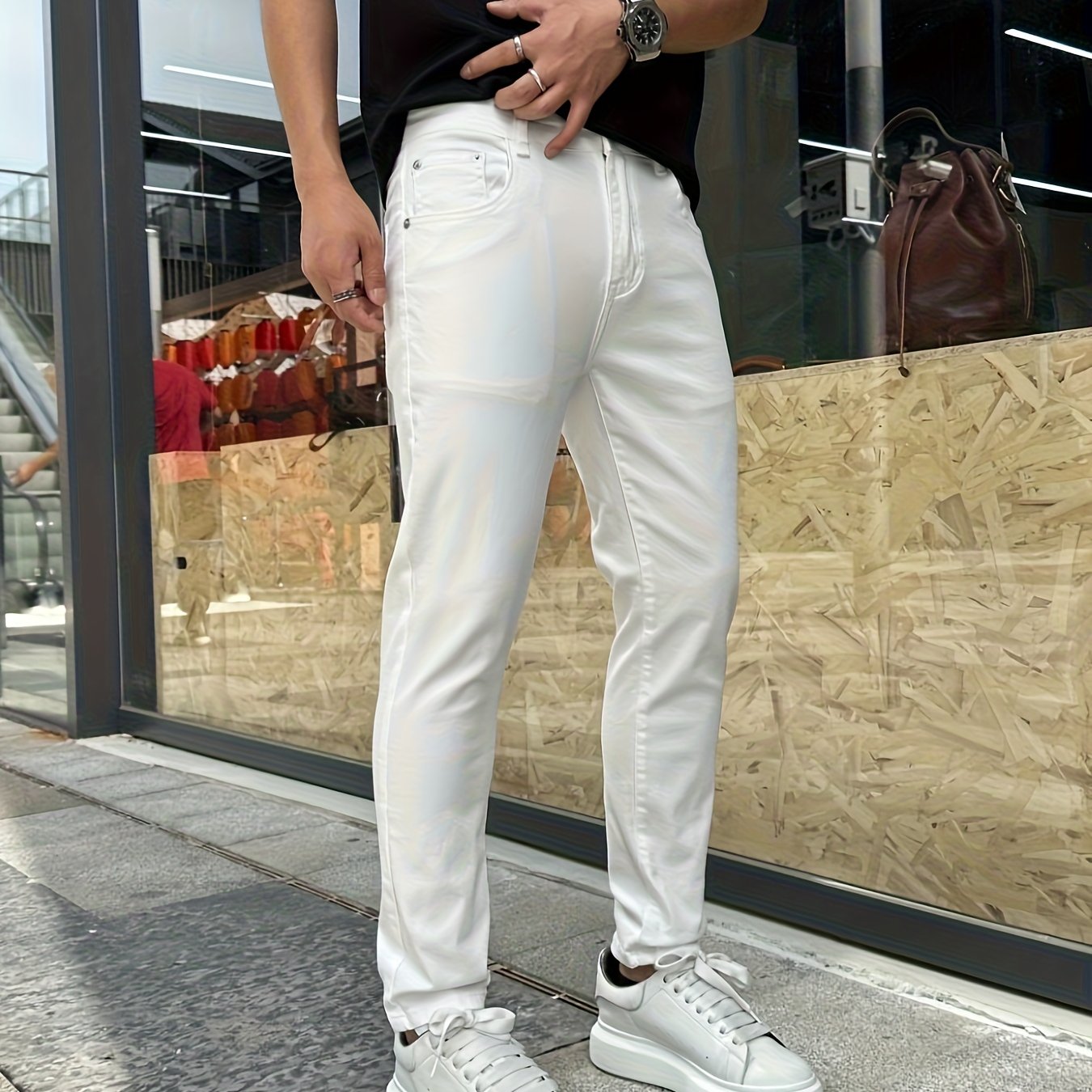 Men's White High Quality & Stretch Slim-Fit Jeans - Minimalist Straight-Leg Tapered Pants with Beltless Design, Mid-Rise & Built-In Zipper Closure, Machine Washable Casual to Formal Wear (All-Season) - Versatile Everyday Jean