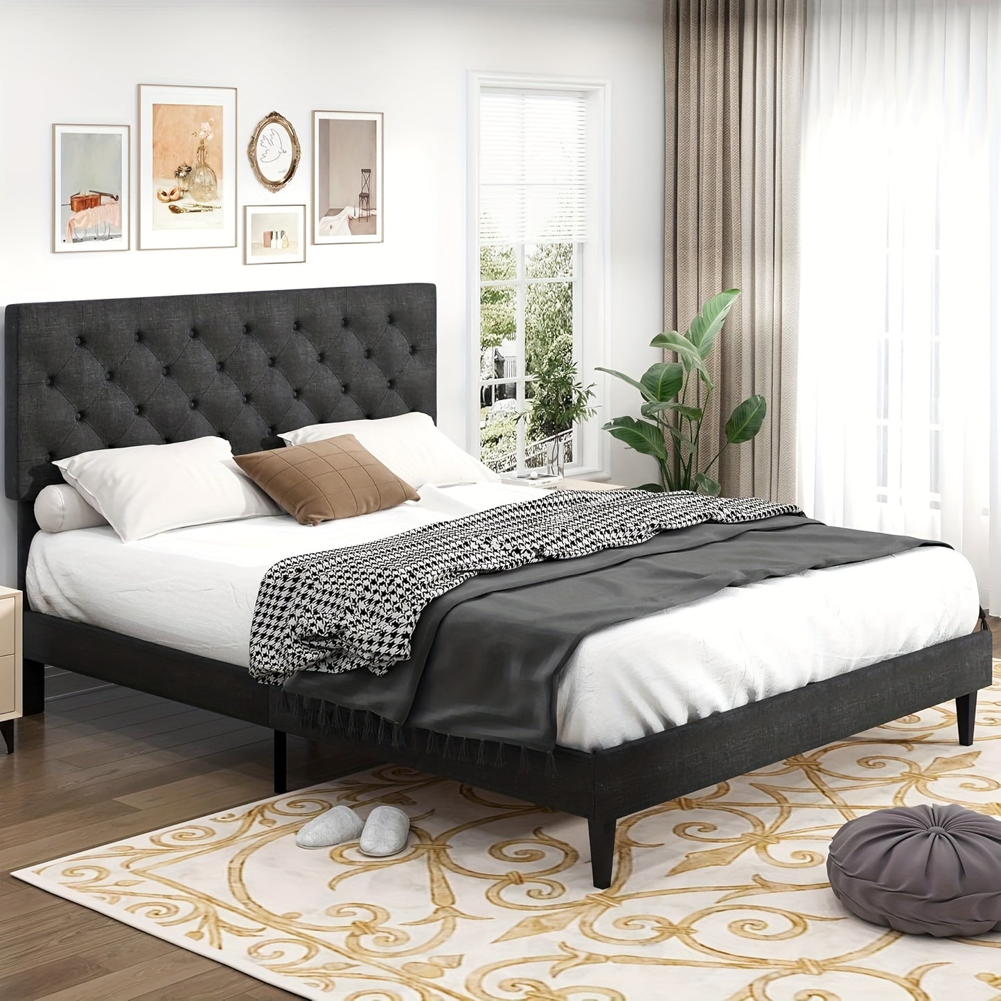 Twin/Full/Queen/King Size Bed Frame With Headboard, Linen Fabric Upholstered Bed Frame With Wood Slats(mattress Not Included), Halloween Decor, Wood Slats For Easy Assembly, Button Tufted, White/Blue/Dark Gray/Light Gray/Pink