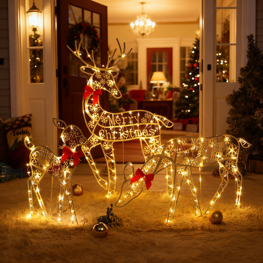 3pcs Christmas Reindeer Decorations Sculpture Outdoor Ornaments, Lighted Large Deer Yard Decor Light Up Deer Family Set for Outside Indoor Patio Lawn Garden Xmas Holiday Party Present for Friends Family Enhance Christmas Atmo