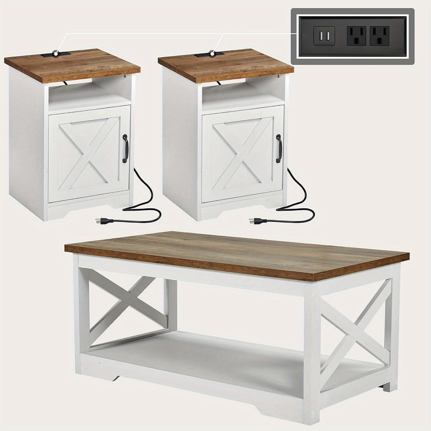 ALBOTT 3pcs Farmhouse Table Set Includes Coffee Table And Two End Tables Side Table with Charging Station And USB Ports for Living Space