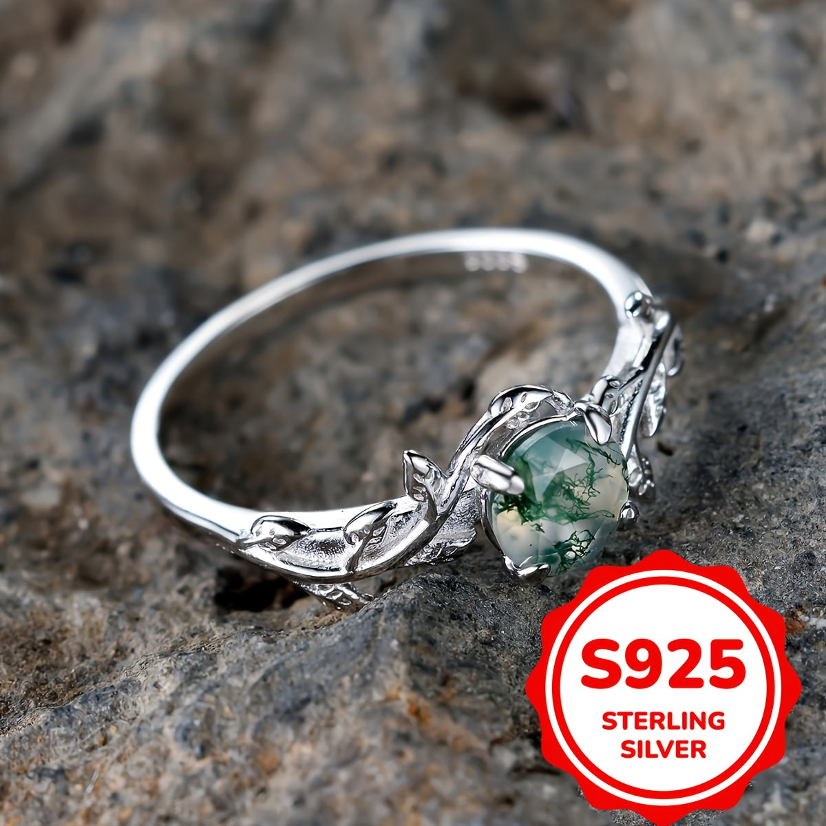 925 Sterling Silver Natural Green Moss Agate Ring Unique Engagement Promise Rings for Women Wedding Jewelry Gift (2. 8g)