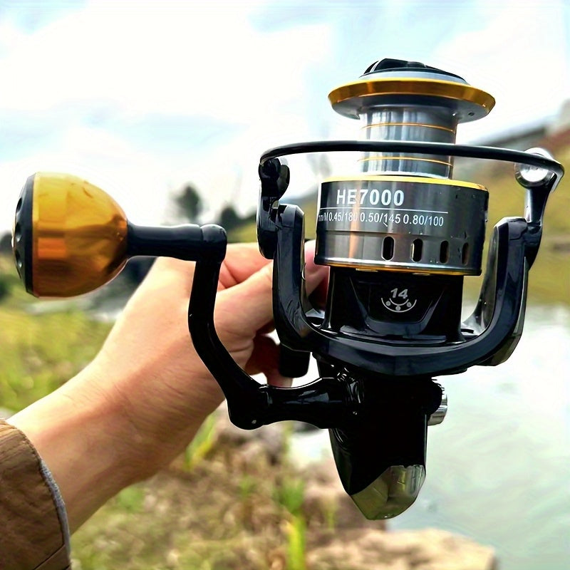 ROOBLINOS HE7000 Saltwater Fishing Reel - 5.2:1 Gear Ratio, 18LB Maximum Drag, Metal Line Cup, Black And Golden Design, Ideal for Both Left And Right-Handed Anglers, Saltwater Fishing Gear, Stylish Fishing Reel, Sturdy Fishin