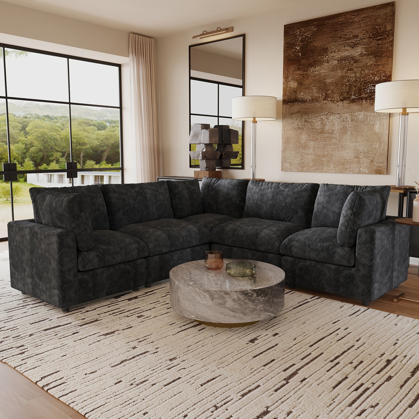 Modular Sectional Sofa Cloud Couch, Oversized 5 Seater Sofa with Ottoman, Extra Large V Shaped Deep Seat Sectional Couches for Living Room, Sofa Covers Washable&Removable