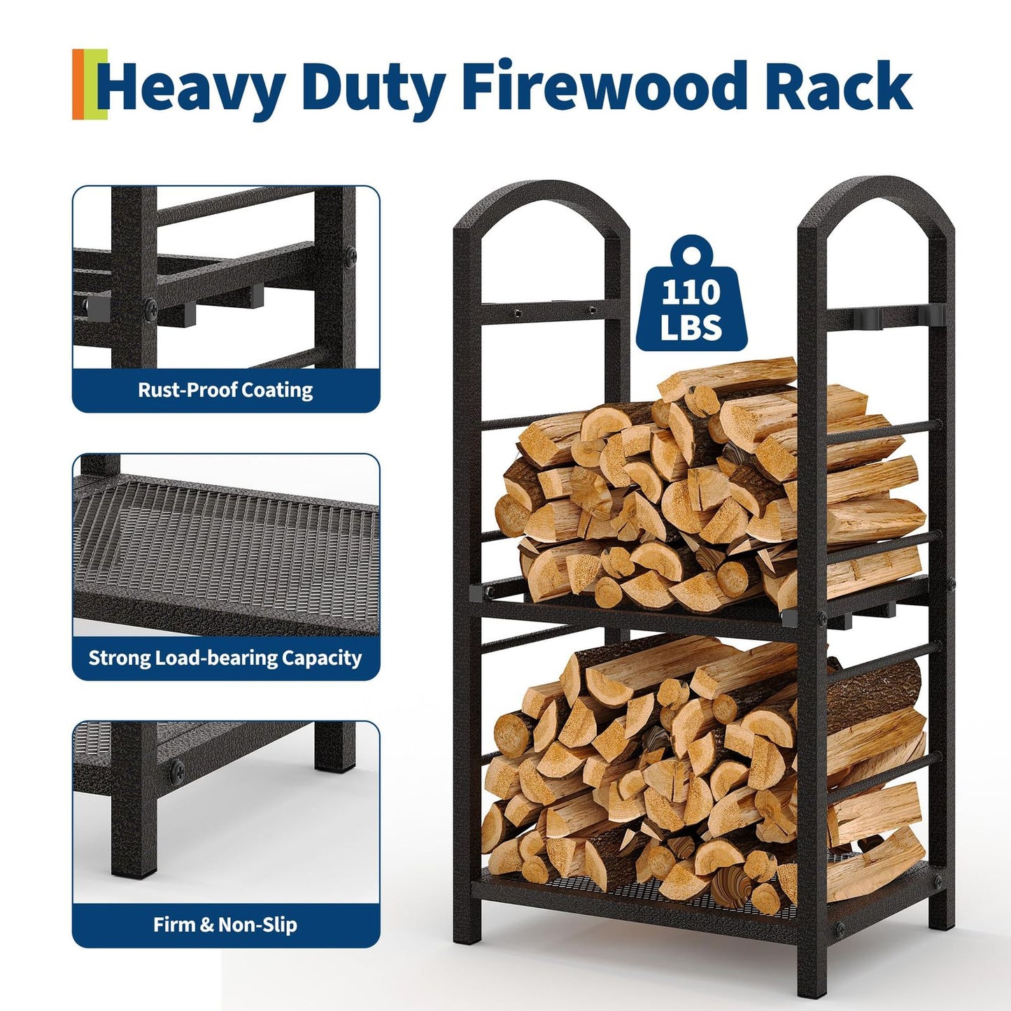 30 Inch Large Metal Firewood Rack | High Capacity Fireplace Log Storage with Kindling Hooks, Durable Wood Storage Organizer, Multipurpose Use, GAOMON Brand