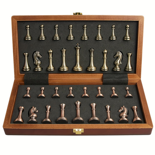 11.5 Inch Wooden Chess Set For Adults With Vintage Metal Pieces & 2 Extra Queens, Travel Portable Folding Chess Board Games For Professionals & Beginners, Idea Gift For Father'S Day, Christmas