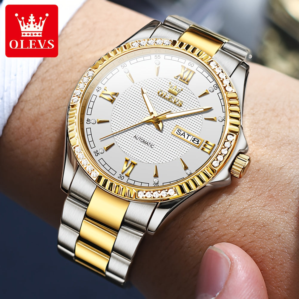 OLEVS Luxury Men'S Automatic Mechanical Watch with Luminous Hands & Dual Calendar - Stainless Steel Business Chronograph, Golden-Tone Dial, High Quality (1181.1inch) - Self-Winding Movement, No Battery/Easy Maintenance, Elega