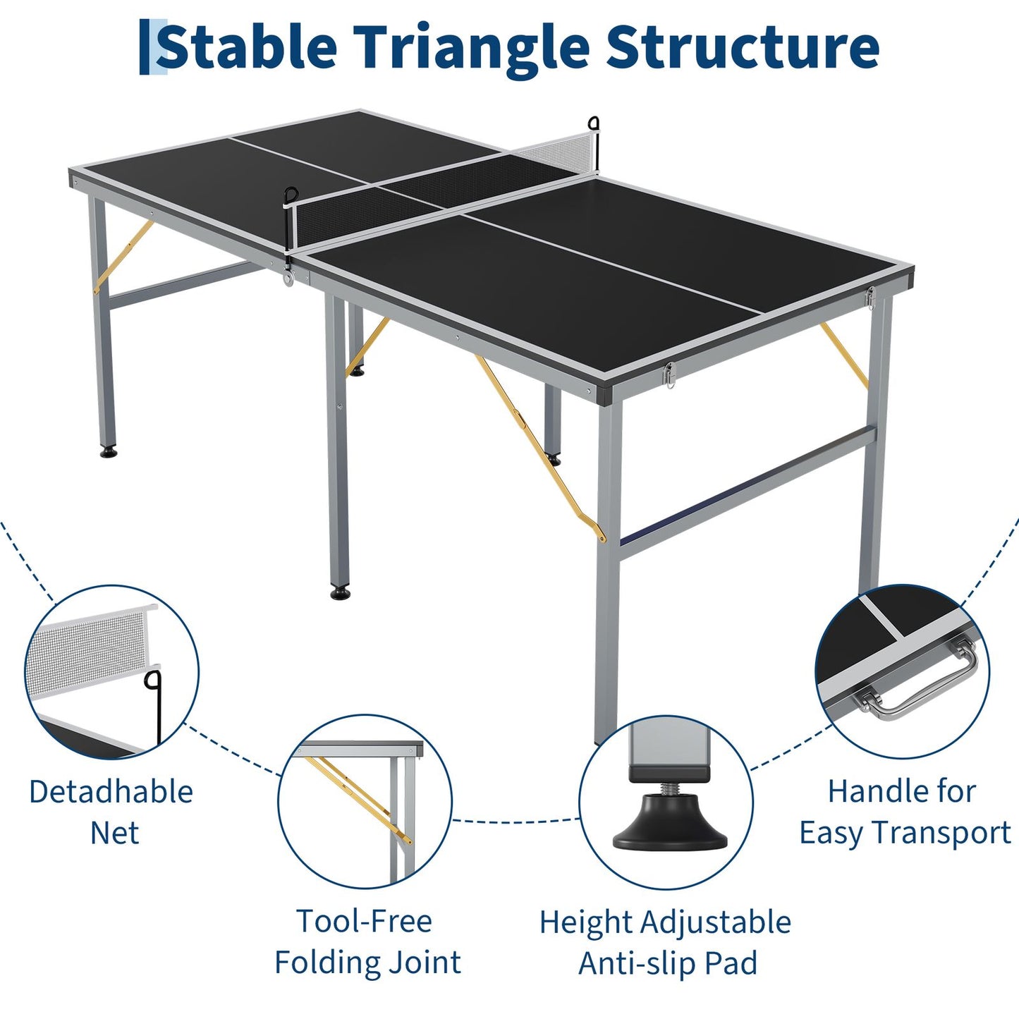 Portable 6x3ft Ping Pong Table Set in Black - All-Weather Design for Indoor and Outdoor Use, Includes Net, 2 Paddles, 3 Balls, Easy Storage