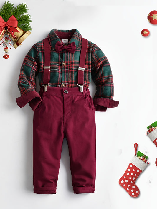 Foreign Trade Cross-border Infant Clothing Autumn And Winter New 's Baby Boy Long Sleeve Shirt Suit European And American Christmas Plaid Shirt Triangle Suspender Pants Leisure-piece Suit, Perfect for Outdoor