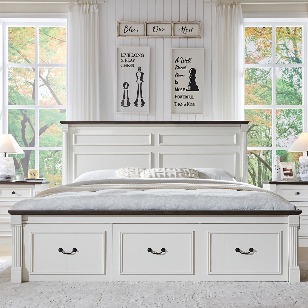 Farmhouse King Size Bed Frame with 51" Tall Headboard, Wood Platform Bed Frame with 20" Tall Roman Column Decoration Footboard & 3 Large Storage Drawers, No Box Spring Needed
