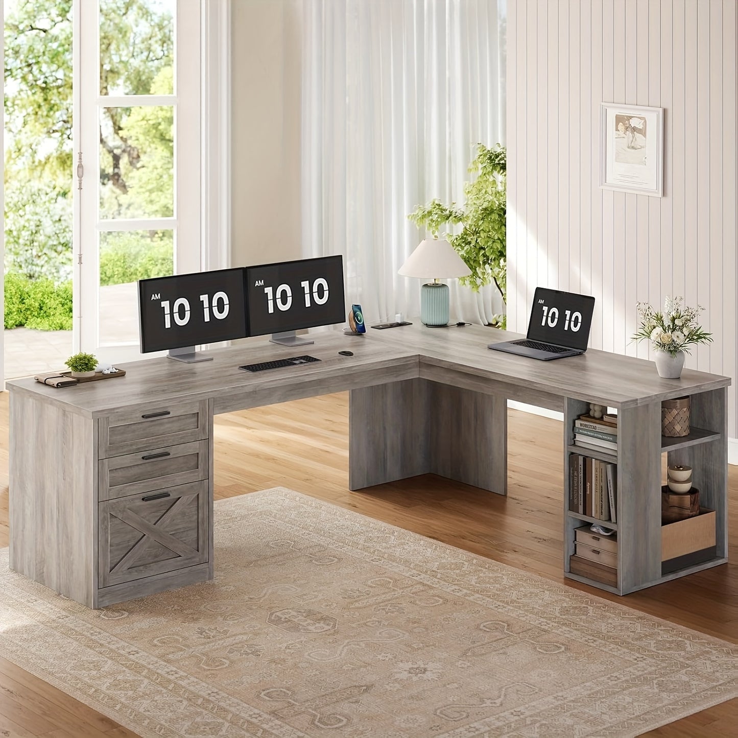 67" L Shaped Desk with Ample Storage, Farmhouse Computer Desk with Large Desktop And Power Outlets, Home Office Desk with 3 Drawers And Open Shelves, Pc Workstation Corner Desk for Home Office, Grey