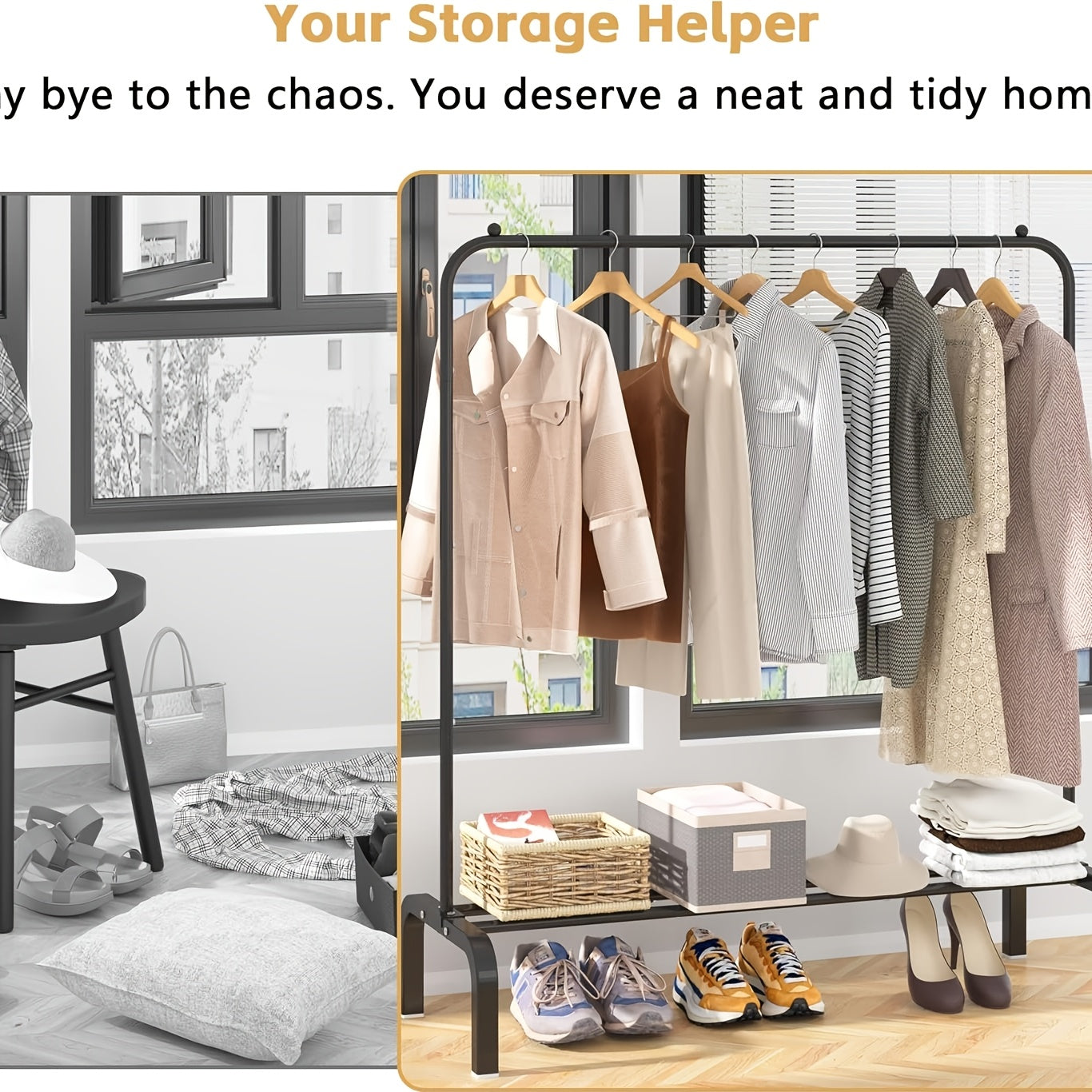 Heavy-Duty Alloy Clothing Rack with Bottom Shelf - Freestanding Garment Rack Suitable for Shirts, Jeans, Coats - Heavy-Duty Clothes Hanger with Storage Shelf, Retail/Commercial/ Use, Easy Assembly, Space-Saving Design