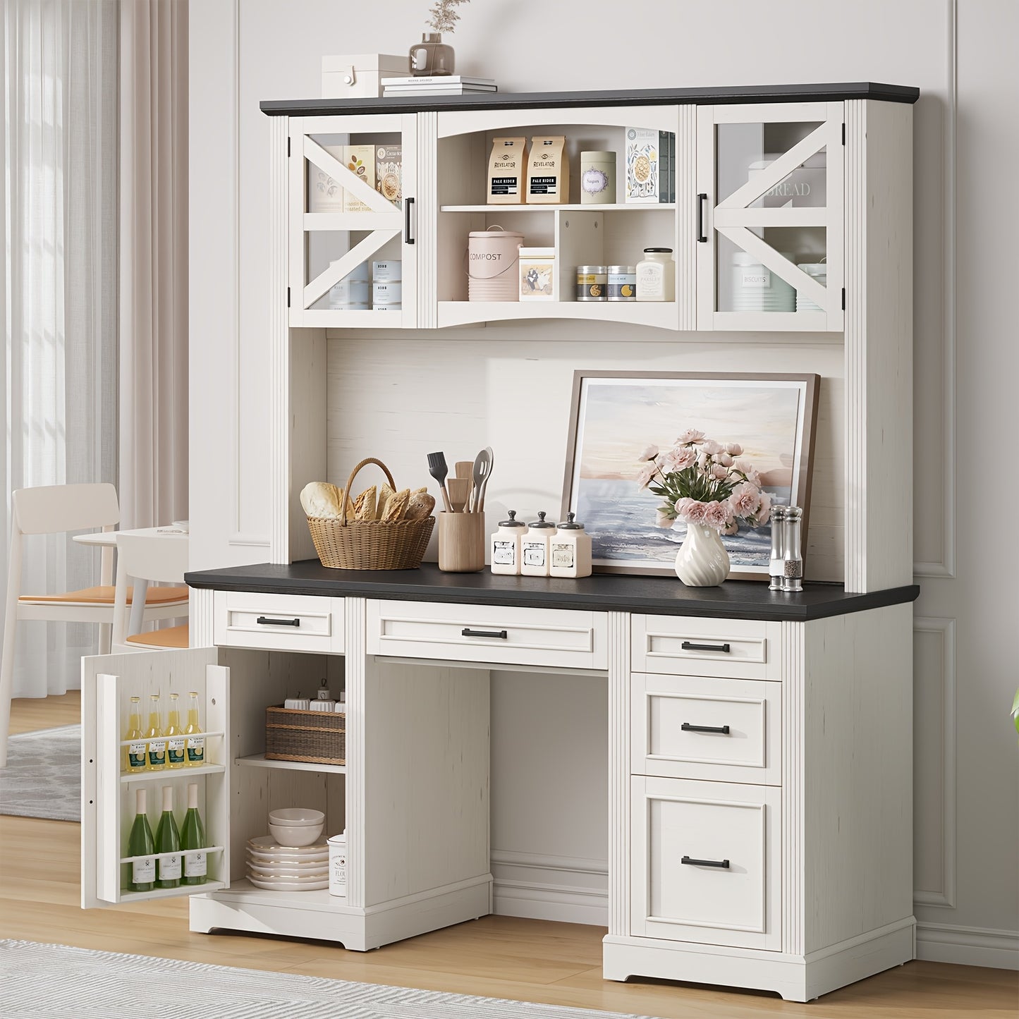73-inch H Farmhouse Style Executive Desk with Bookshelves And Charging Station | Desk with 5 Drawers, Locker, And Cable Management System, Home Computer Workstation, Off White& Black