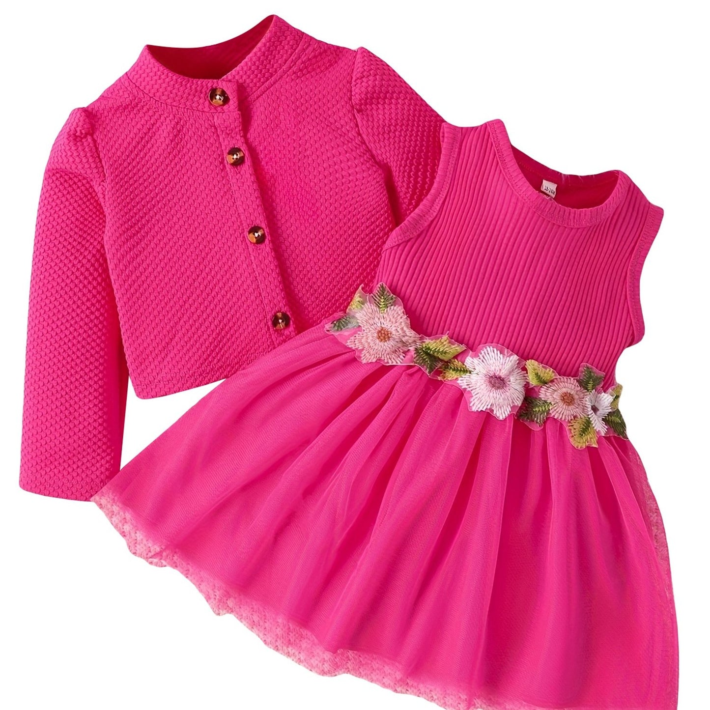 Baby Girl Fall Outfit, Long Sleeve Cardigan Coat Flower Embroidery Tulle Tank Dress 2pcs Set, for Outdoor