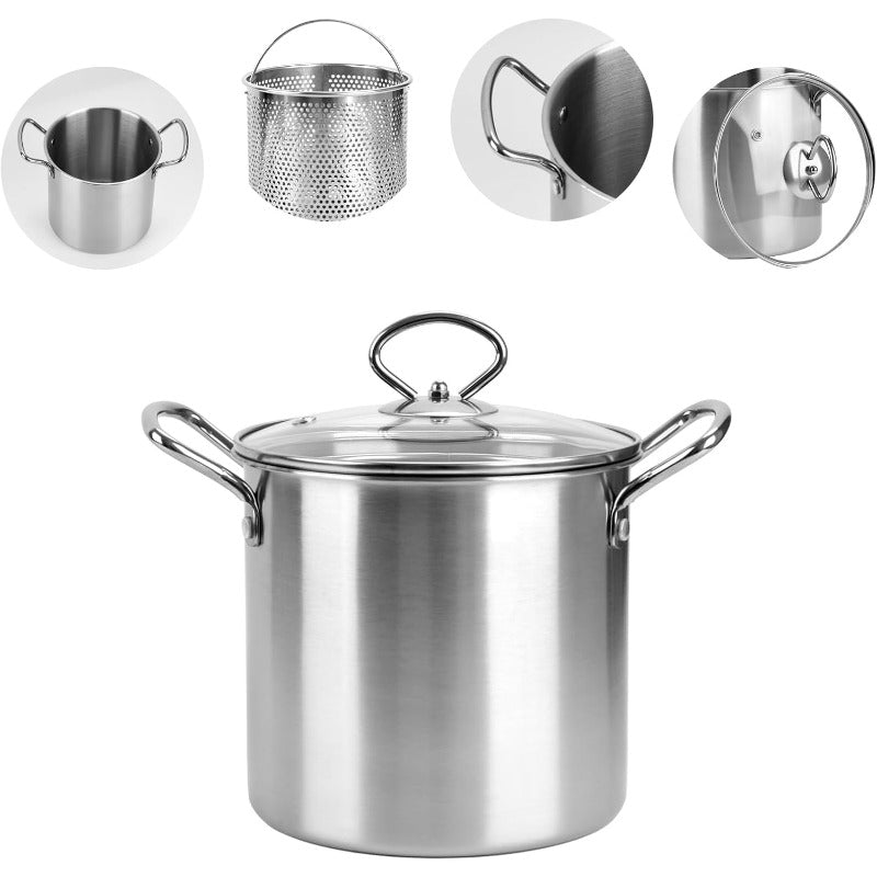 118.35oz Stainless Steel Deep Fryer Pot with Lid & Basket - Heavy-Duty Commercial/Residential Large Frying Pan, Oil Drip Drainer System, Sturdy Handle for Kitchen, Restaurant, Party, Picnic - No Required