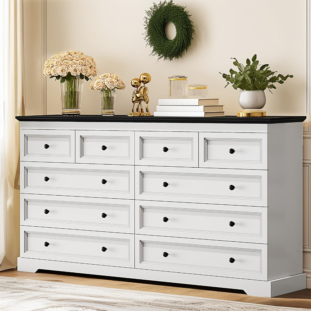 55" Wide 10-Drawer Metal Dresser - Modern White & Black Chest of Drawers, Freestanding Storage Cabinet for Bedroom, Living Room, Entryway, Easy Assembly, Compact Design Under 27" Height