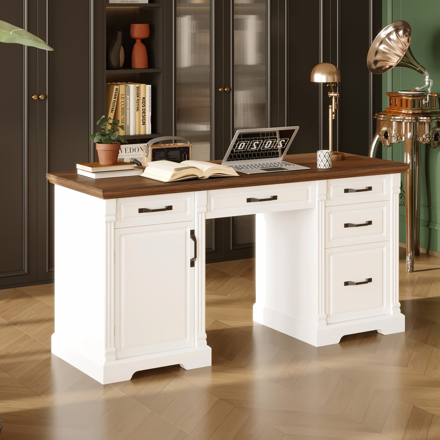 59" Modern Executive Office Conference Desk with 5-Drawer Storage, 2-Tier Cabinets & Walnut/White - Heavy-Duty -Like MDF, Spacious Walnut Veneer Countertop, Freestanding Boardroom Desk for Office, Study Room