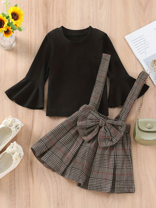 Ribbed Knit Top with Plaid Suspender Skirt Set, Kids Halloween Christmas Party Outfit, Bell Sleeve And Bow Detail