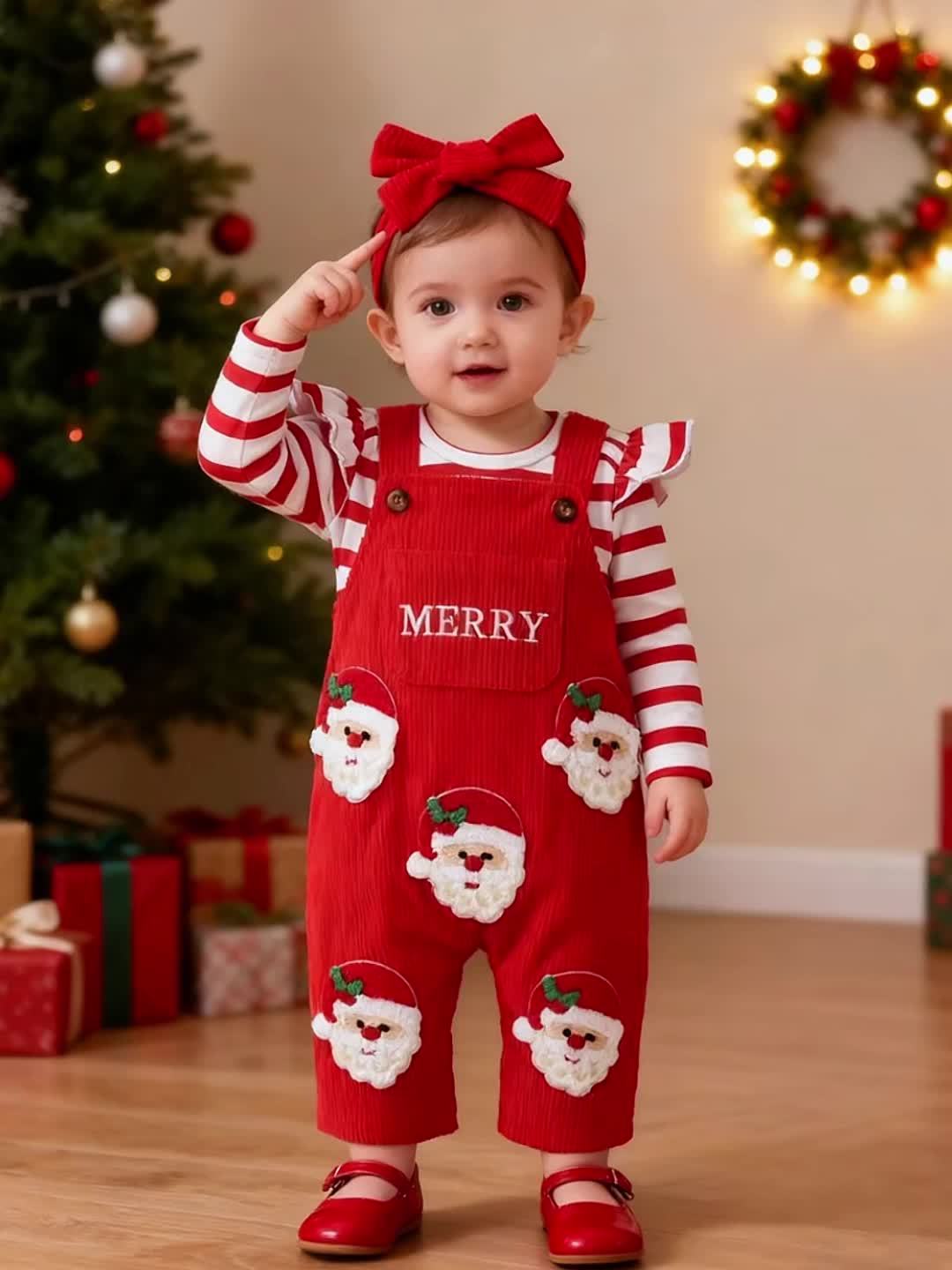 Baby Girl's Christmas Set - Red And White Striped Onesie, Santa Claus Embroidered Romper, with Hairband Included, Perfect for Outdoor