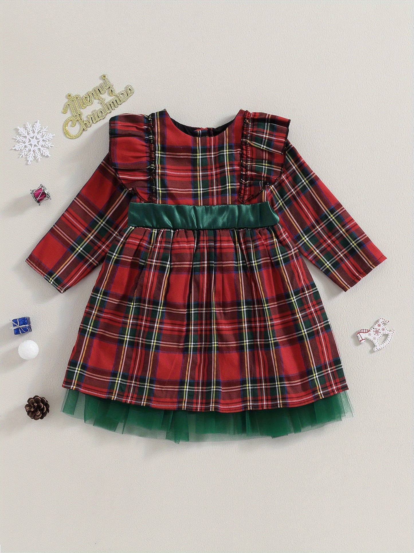 Girls' Elegant Plaid Christmas Dress with Ruffled Neckline & Long Sleeve - Red/Green Tartan Pattern, Mesh Patchwork Skirt, Round Neck Winter Outfit for Holiday Parties, Christmas Pageant & Special Occasions - Cozy Warm One-Pi