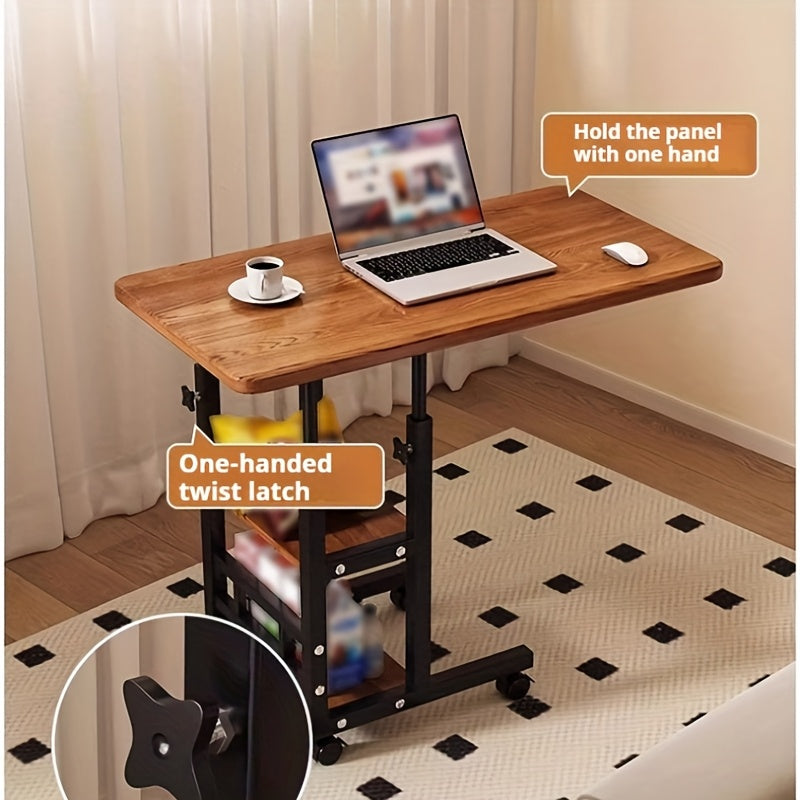 Height Adjustable Rolling Table with Storage Shelves - Heavy-Duty Wood/Metal Construction, Modern Mobile Desk with Casters, Space-Saving Design for Home Office, Bedside, Laptop Workstation & Small Spaces - Easy Assembly, Engi