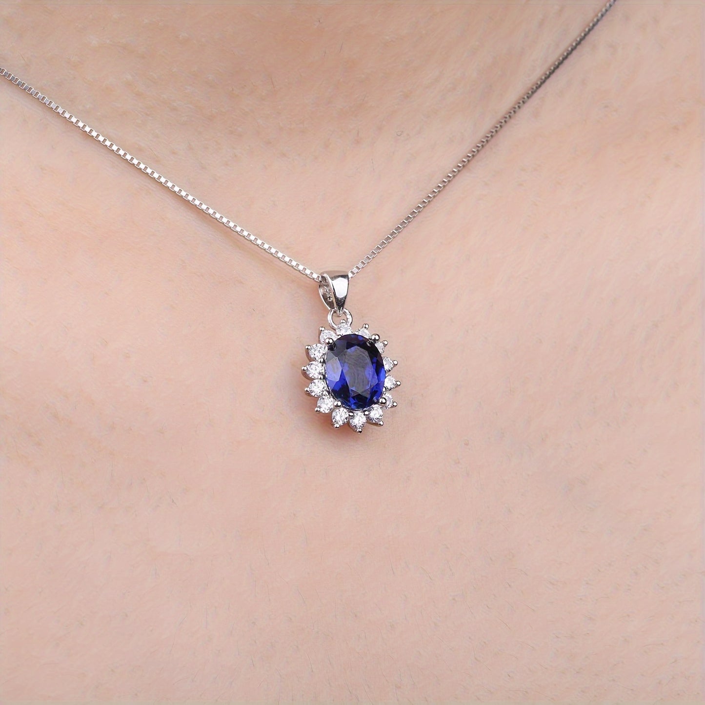 1pc 925 Sterling Silver Elegant And Glamorous Classic Design Exquisite Multi-faceted Oval Cut Created Blue Sapphire Birthstone Silvery Pendant Necklace For Women For Prom Party Banquet For Dating Gift Fine Jewelry