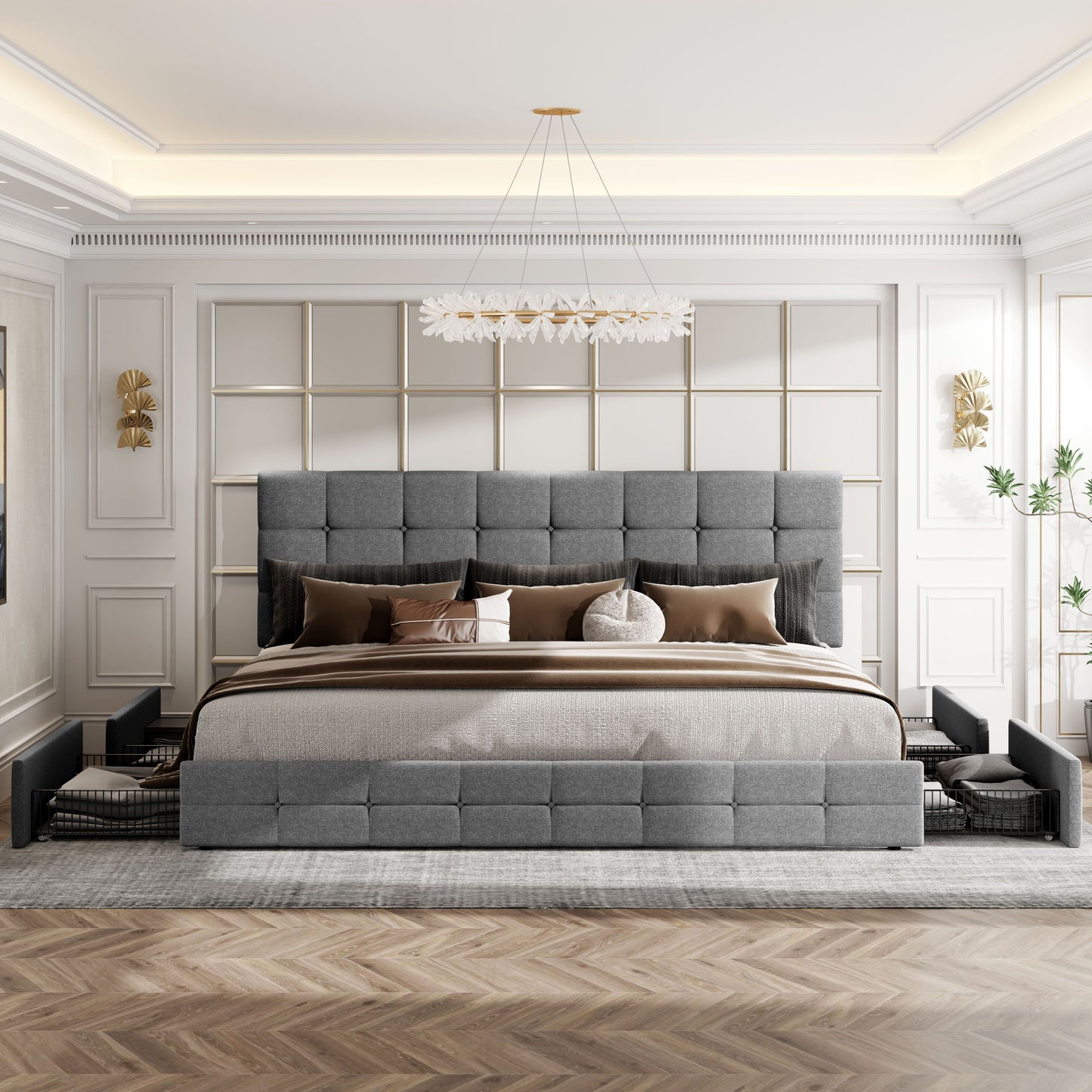 HOOMIC Full/Queen/King Size Platform Bed Frame with 4 Storage Drawers & Adjustable Headboard - Contemporary Square Stitched Button Tufted Design, Noise-Free Wooden Slats, No Box Spring Needed, Easy Assembly, Recycled Wood & M