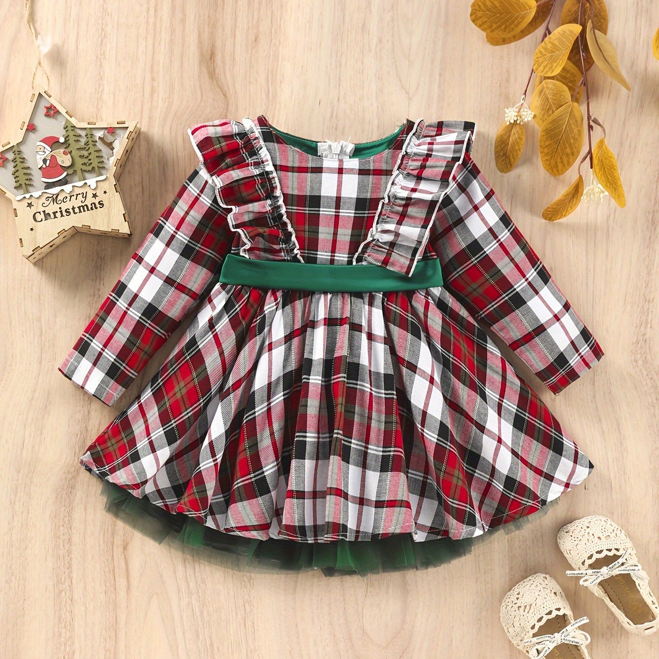 Red Plaid Baby Girl Dress with Green Sash & Tulle Skirt, Halloween Christmas Party Outfit for Toddler Photo Shoot