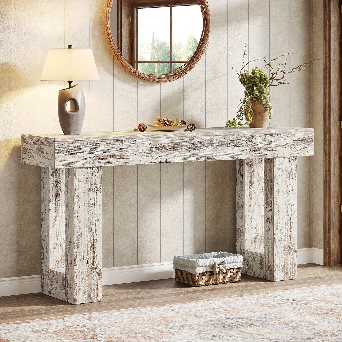 63" Farmhouse Console Table, Natural Wooden Sofa Table Rectangular Accent Console for Entryway, Hallway & Living Room (Distressed White)