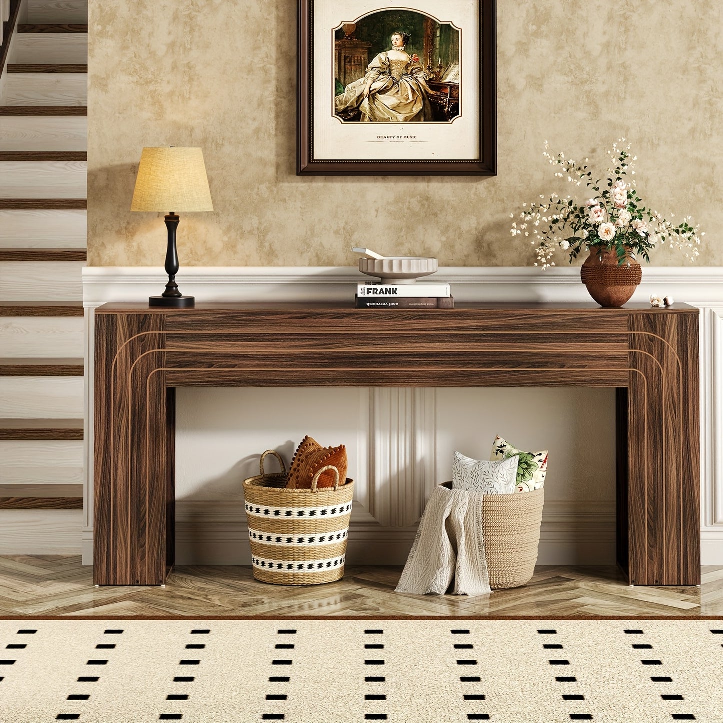 70.9" Modern Farmhouse Console Table Narrow Entryway Table with Handcrafted Line Design - Wood Grain MDF/ Sofa Table Suitable for Hallway, Living Room, Behind Couch - Space-Saving Assembly-Friendly Furniture