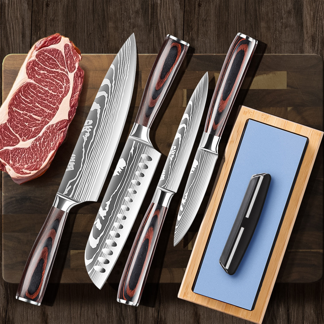 5pcs Professional Chef Knife Set with Sharpener - Heavy-Duty High Carbon Stainless Steel Style Kitchen Knives (Chef's Knife, Santoku Knife, Utility Knife, Paring Knife) - Complete Kit for & Professional Cooks