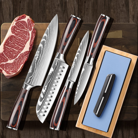 5pcs Professional Chef Knife Set with Sharpener - Heavy-Duty High Carbon Stainless Steel Style Kitchen Knives (Chef's Knife, Santoku Knife, Utility Knife, Paring Knife) - Complete Kit for & Professional Cooks