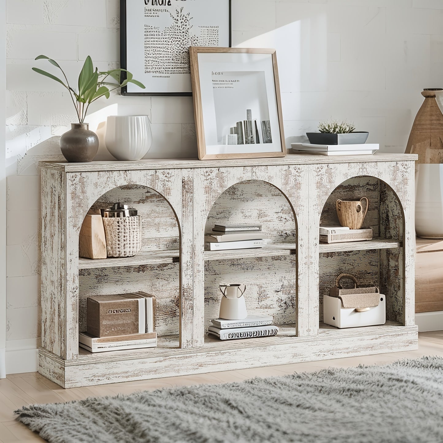 62.99" Modern Farmhouse & Industrial Console Table - -Long Sofa Table Behind Couch, Stain-Resistant Engineered Wood TV Stand with Storage Shelf, Entryway Hall Table Suitable for, Farmhouse, Apartment - Assembly, Wood Frame
