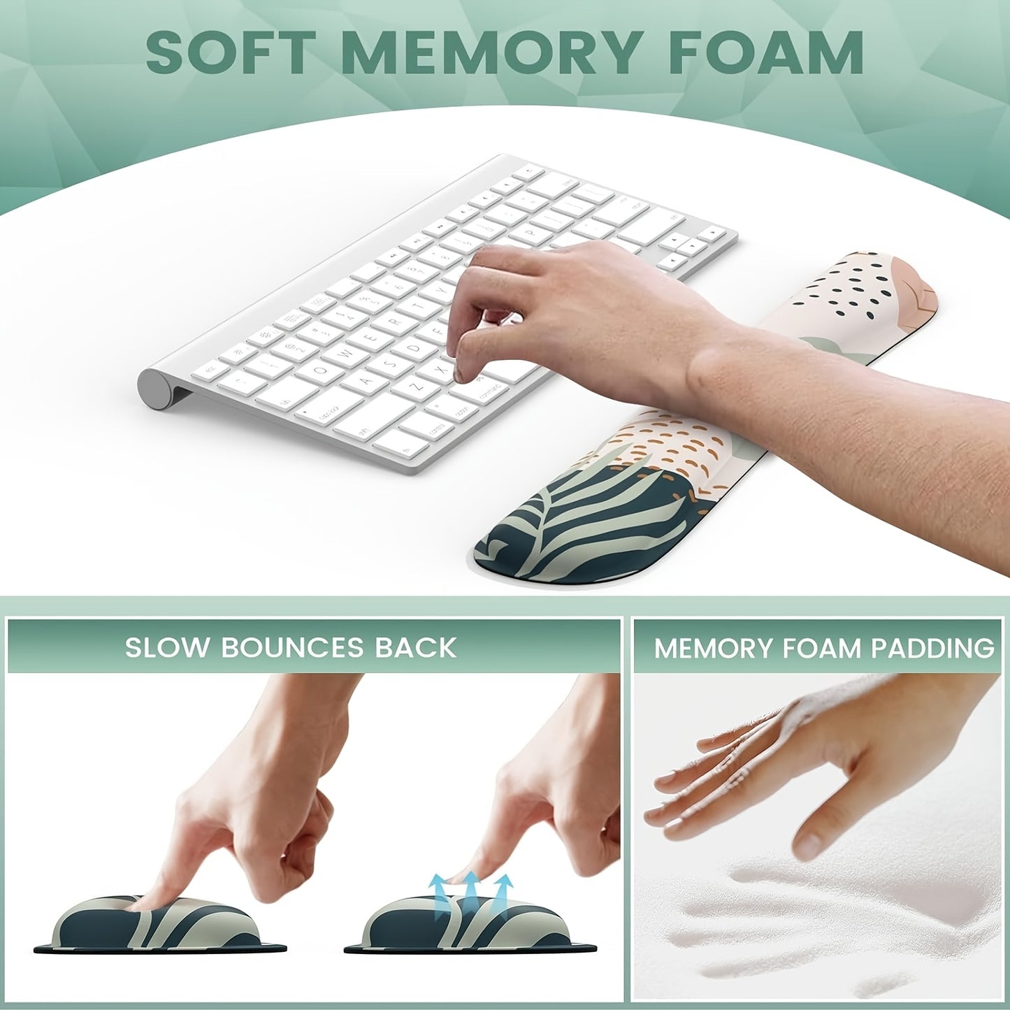 Wrist Support Desk Set - Non-Slip Mouse Pad & Keyboard Rest with Green Palm Leaf Design in Beige/Green/White/Golden - Soft Typing Mat & Coasters for Home Office, Computer, Laptop - Posture-Correct Writing Accessory