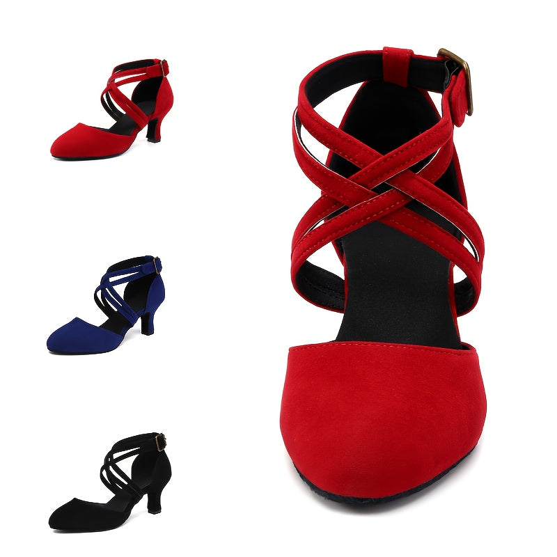 Womens Latin Salsa Dance Shoes - Soft Indoor Fabric, Secure Cross-Straps, Stylish Low Heel, Ultra-Comfortable Fit - Perfect For Cha Cha, Ballroom - Multiple Colors