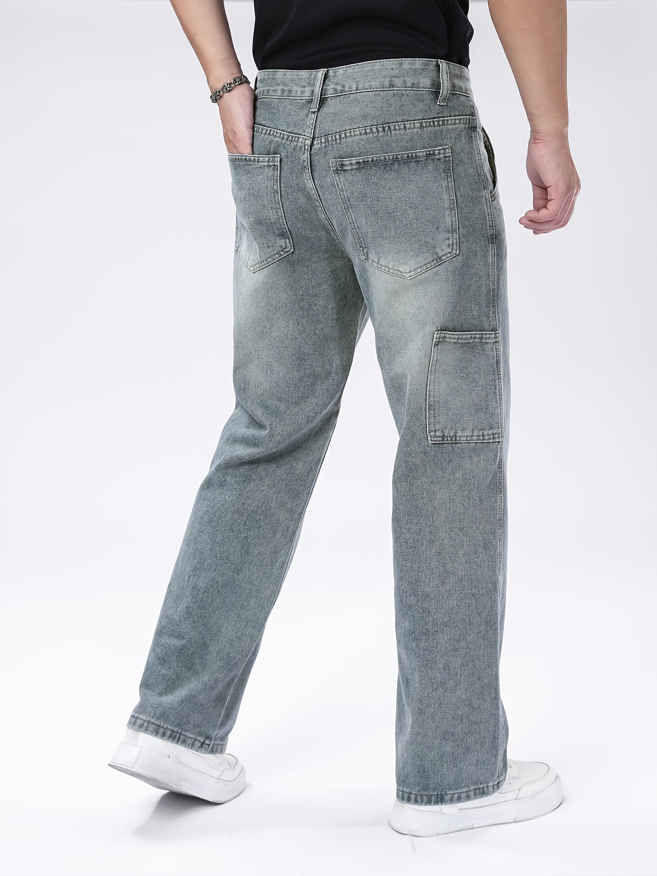 Men's Heavyweight 100% Denim Straight-Leg Jeans - Light Wash Vintage Look, All-Season Comfort, Classic Five-Pocket Design (Kangaroo Pocket & Cuffed Hem) - Casual & Formal Wear, Machine Washable - Navy Blue Bicycle Style Trous