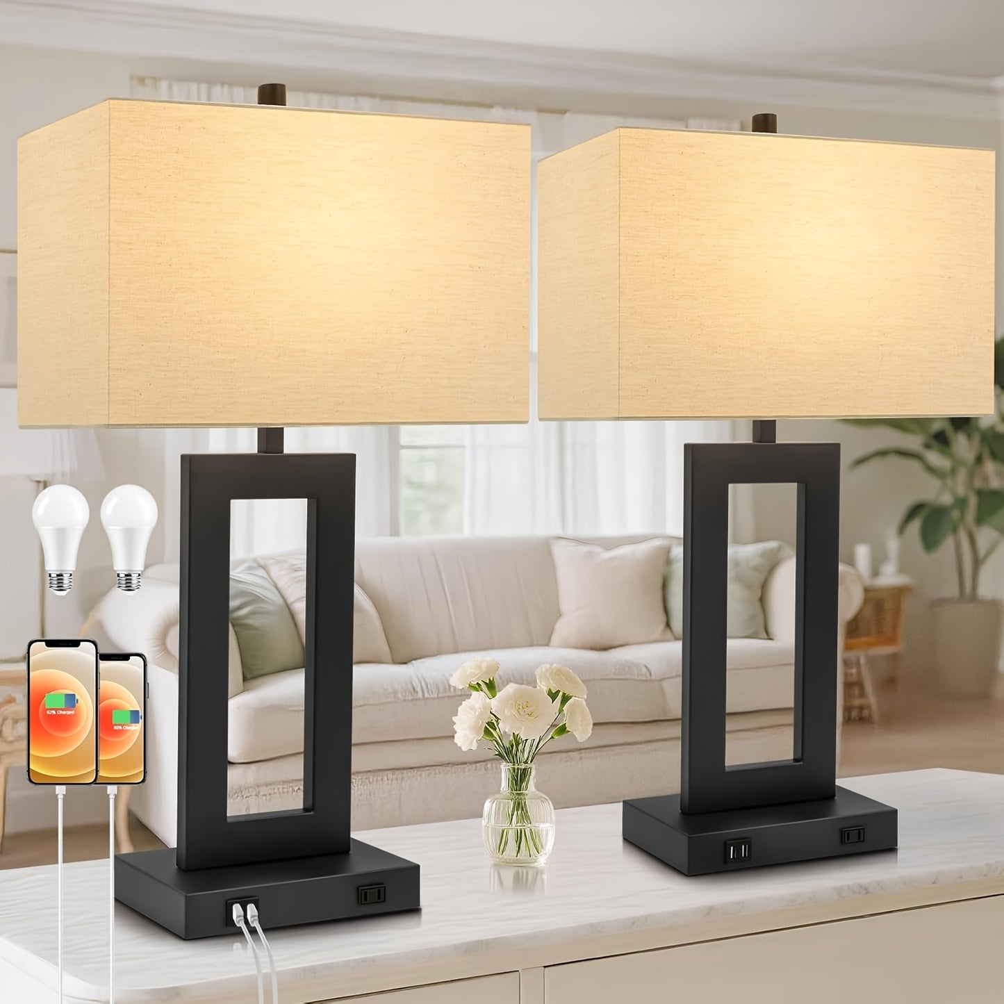 Set Of 2 Touch Control Table Lamp with 2 USB Ports, 3-Way Dimmable Modern Nightstand Lamp Sets Bedside Touch Desk Lamp with Fabric Cream Shade for Bedroom Table Living Room Reading, Included Bulbs, Table Lamp for Living Room,