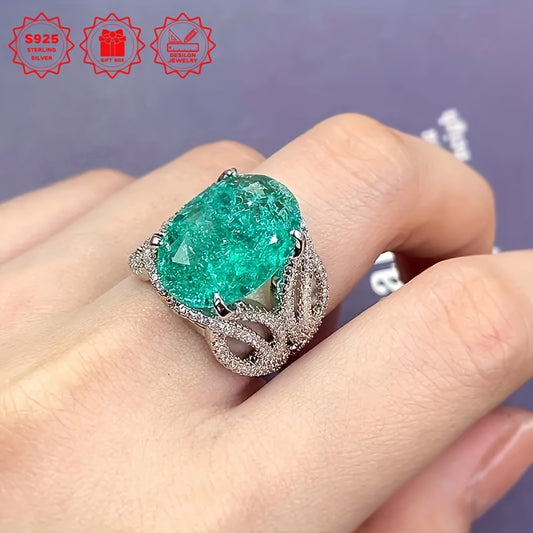 Ladies' 925 Silver Luxury Fashion Classic Retro Color Treasure Paraibapa Ring Women's Promise Engagement Wedding Pure Silver Full Moissanite Moissanite Ring Suitable for Daily Birthday Gifts Wedding Ring Give Her Or Him (Gift