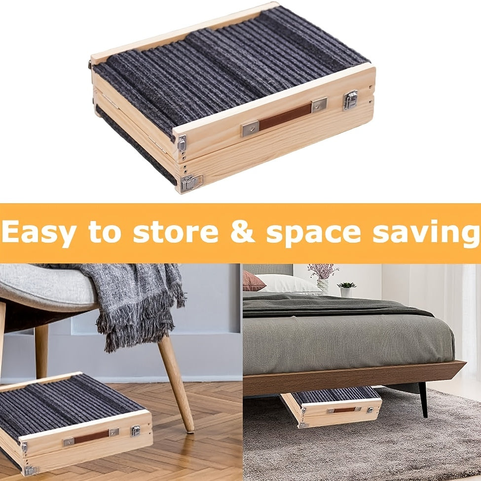 32" Adjustable & Portable Folding Dog Ramp with Non-Slip Traction Mat - Solid Wood Pet Stairs Ladder for Small Dogs, Bed, Sofa, Car, Couch - Climbing Ramp for Puppies, Pets ( Wood Grain, Lightweight)