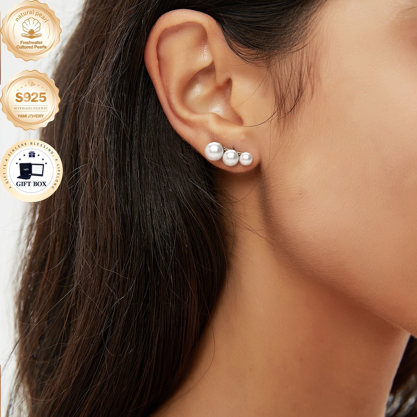 YAMI Black Seawater Pearl Stud Or Hoop Earrings For Women, 925 Sterling Silver Hypoallergenic Earrings, Climber Crawler Jewelry, Dainty Jewelry Gifts For Anniversary Birthday