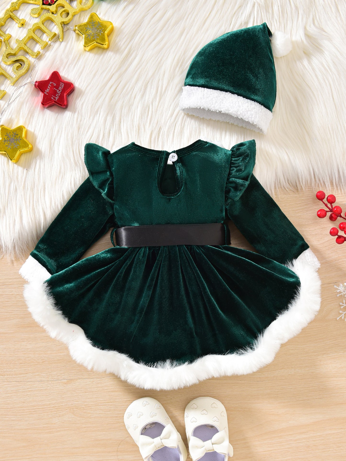 2pcs Set Baby Girls' Plush Patchwork Christmas Romper Dress & Hat Set - Soft Green & White Long Sleeve Jumpsuit with Ruffled Trim, Snap Closure, Cozy Winter Outfit for &, Machine Washable Holiday Outwear (Christmas Party Outf
