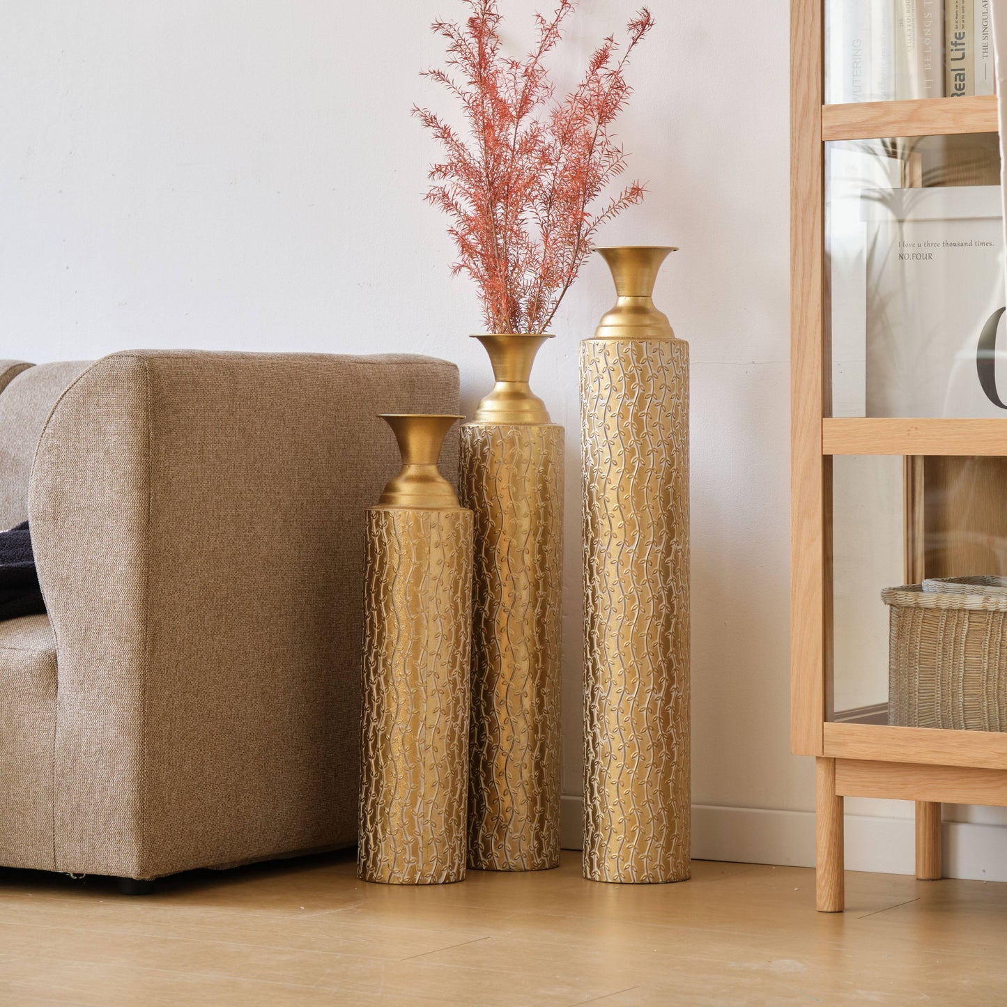 Metal Decorative Vases High Distress Metal Center Vases With Growing Vine Patterns, Set Of 3 Vases For Home Decoration 34 ", 29 ", 25 "H, Golden, Valentine'S Day Gifts, New Home/office Decoration Gifts, Wedding Centerpiece Va