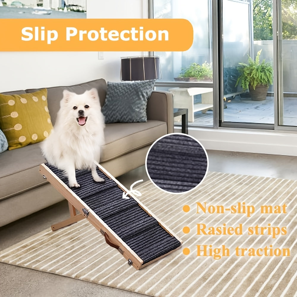 32" Adjustable & Portable Folding Dog Ramp with Non-Slip Traction Mat - Solid Wood Pet Stairs Ladder for Small Dogs, Bed, Sofa, Car, Couch - Climbing Ramp for Puppies, Pets ( Wood Grain, Lightweight)